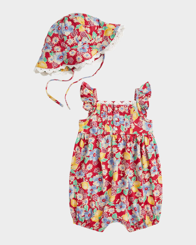 Girl's Floral & Lemon-Print Romper W/ Sun Hat, Size 3M-
